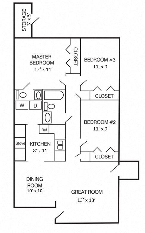 Floor plan for 3 beds, 1.5 baths, 1011 sqft